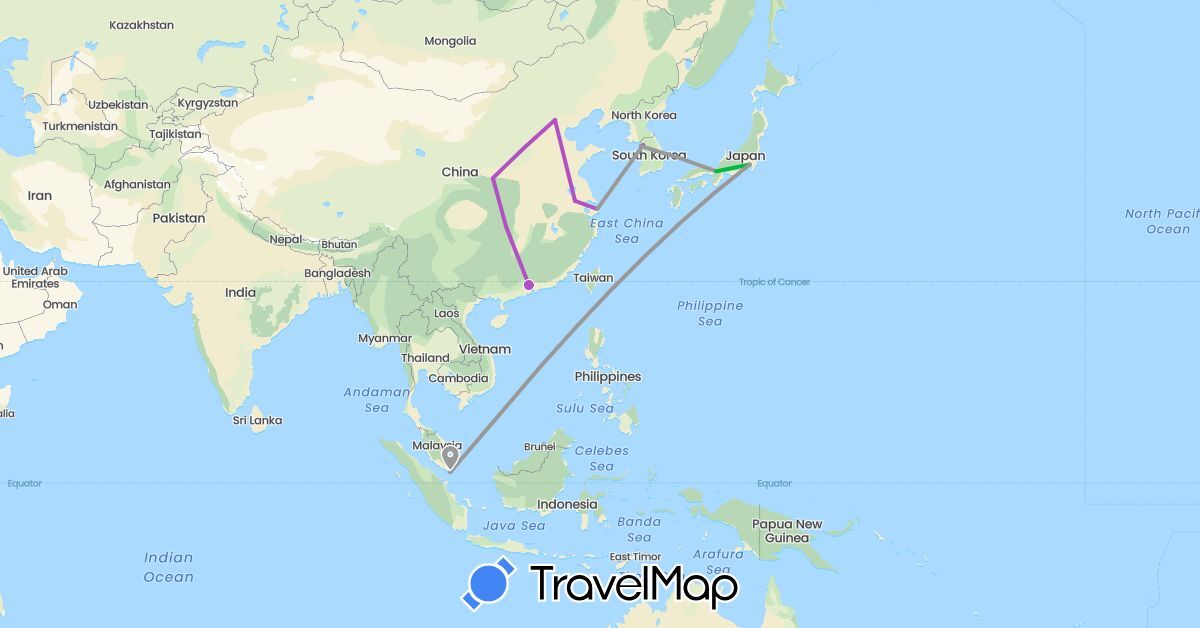 TravelMap itinerary: driving, bus, plane, train in China, Japan, South Korea, Singapore (Asia)